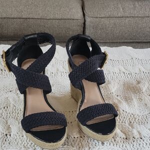 Steve Madden Espadrille Woven Cross‎ Buckle Strap Women 7 1/2 Black Sandals